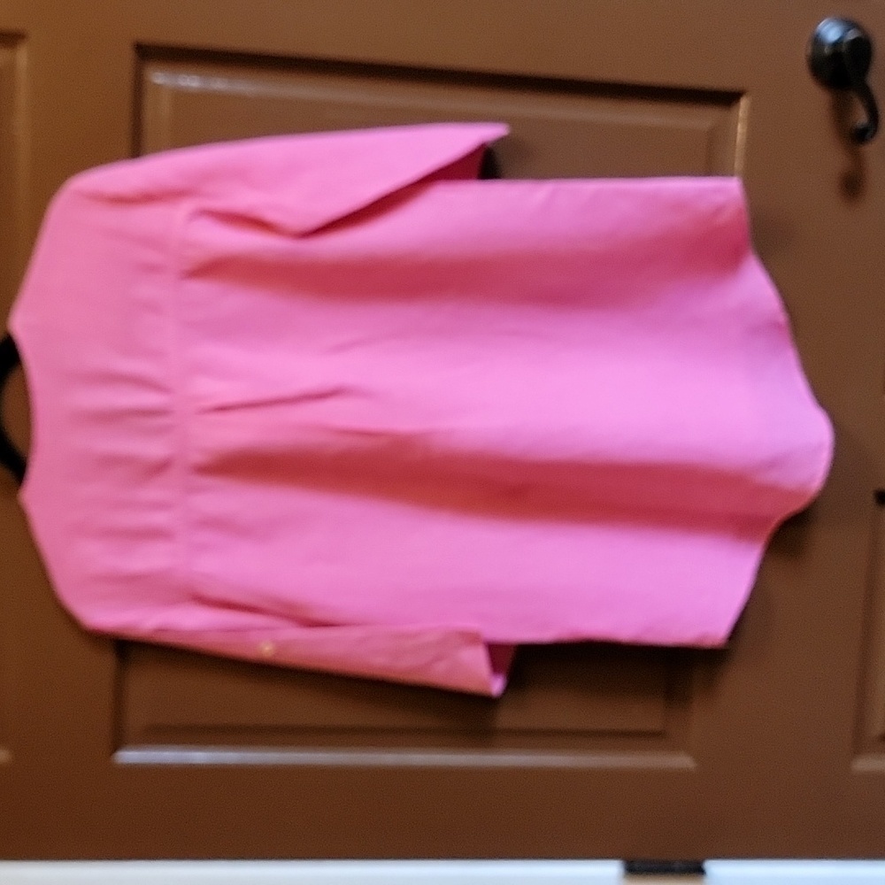 Ellen Tracy-Linen hot pink top with gold zipper with short roll sleeves. S. - Picture 8 of 11